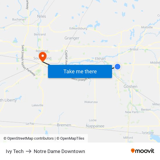 Ivy Tech to Notre Dame Downtown map