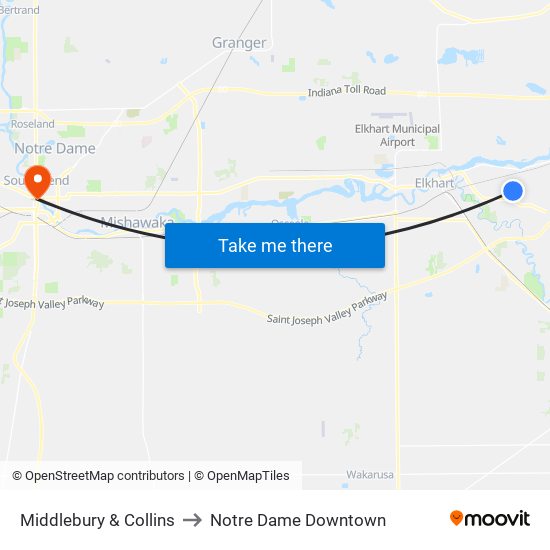 Middlebury & Collins to Notre Dame Downtown map