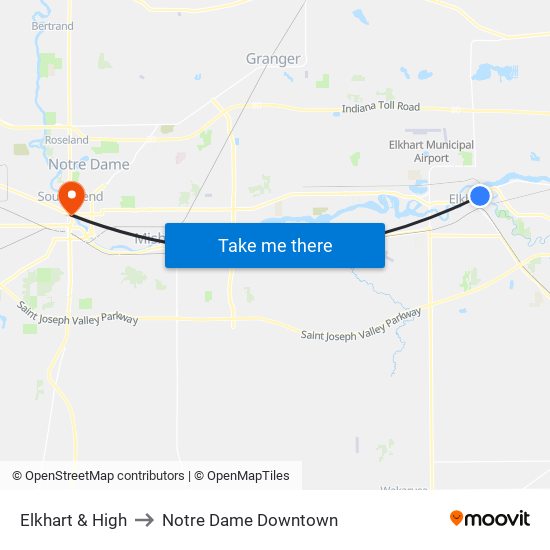 Elkhart & High to Notre Dame Downtown map