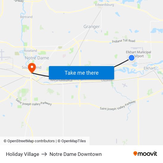 Holiday Village to Notre Dame Downtown map