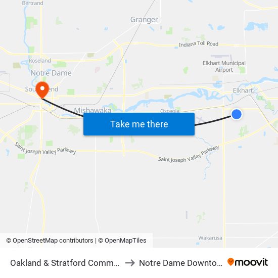 Oakland & Stratford Commons to Notre Dame Downtown map
