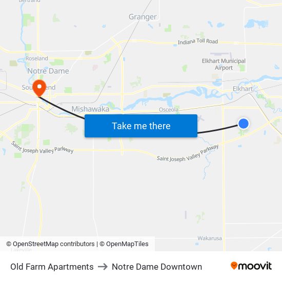 Old Farm Apartments to Notre Dame Downtown map