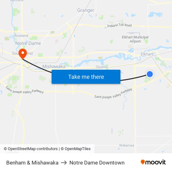 Benham & Mishawaka to Notre Dame Downtown map