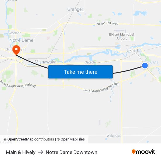 Main & Hively to Notre Dame Downtown map