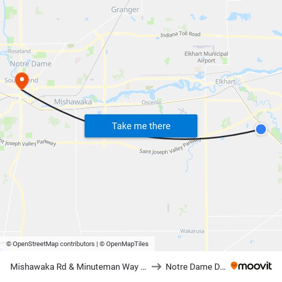 Mishawaka Rd & Minuteman Way - Martin'S/Goodwill to Notre Dame Downtown map