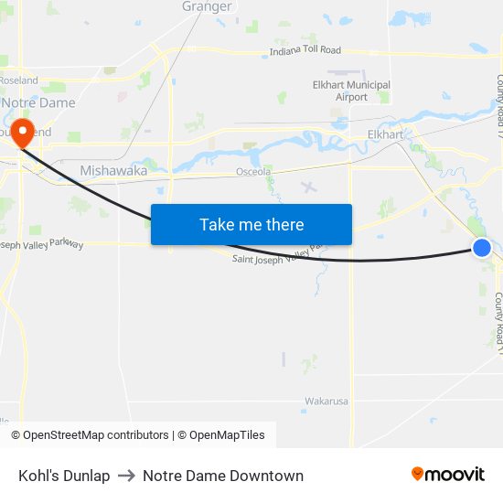 Kohl's Dunlap to Notre Dame Downtown map