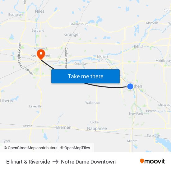 Elkhart & Riverside to Notre Dame Downtown map