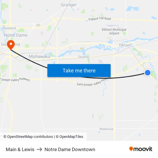 Main & Lewis to Notre Dame Downtown map