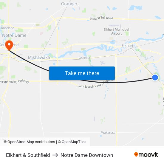 Elkhart & Southfield to Notre Dame Downtown map