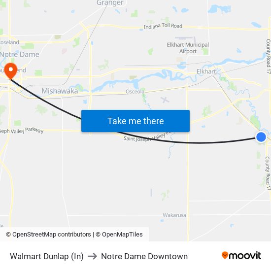 Walmart Dunlap (In) to Notre Dame Downtown map