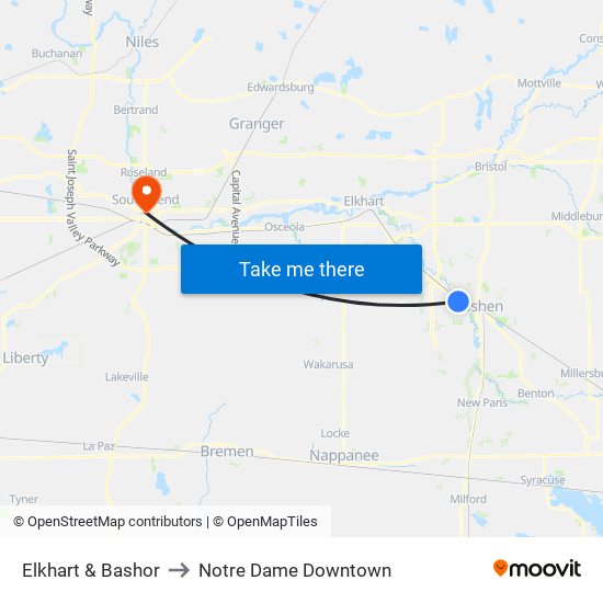 Elkhart & Bashor to Notre Dame Downtown map