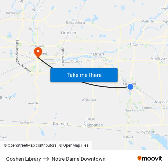 Goshen Library to Notre Dame Downtown map