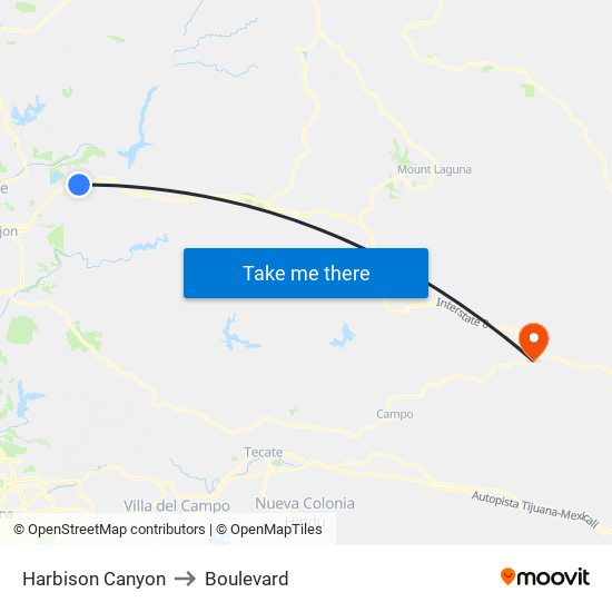 Harbison Canyon to Boulevard map