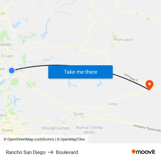 Rancho San Diego to Boulevard map
