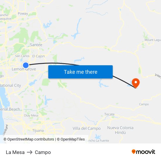 La Mesa to Campo map