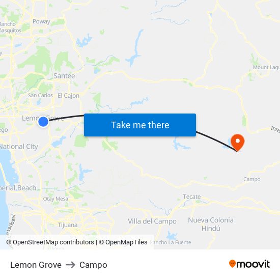 Lemon Grove to Campo map