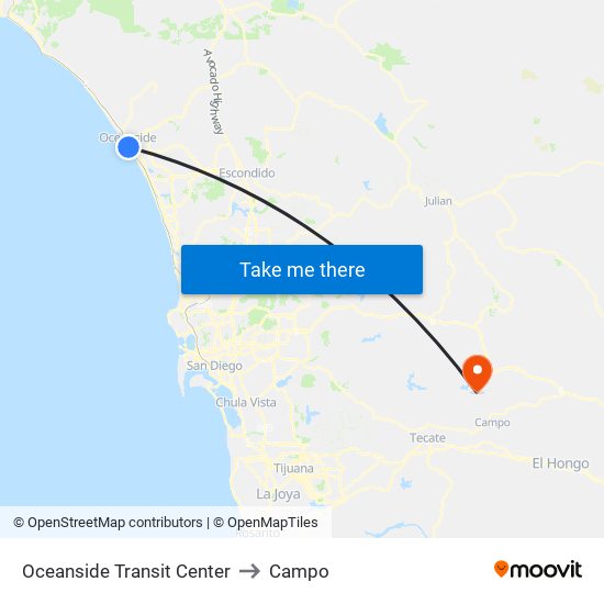 Oceanside Transit Center to Campo map