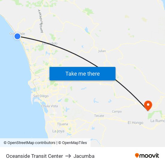 Oceanside Transit Center to Jacumba map