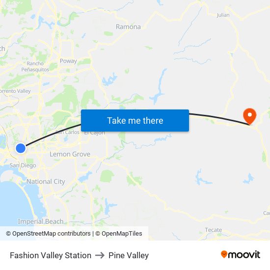 Fashion Valley Station to Pine Valley map