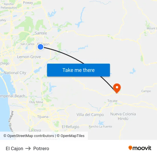 El Cajon to Potrero map