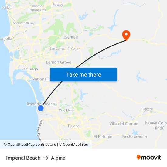 Imperial Beach to Alpine map