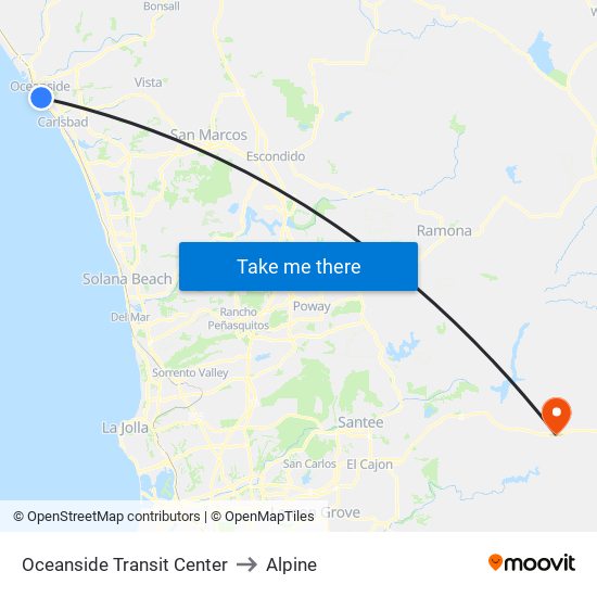 Oceanside Transit Center to Alpine map