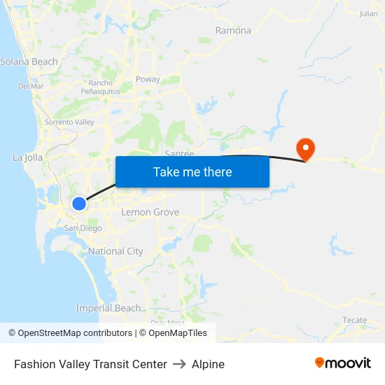 Fashion Valley Transit Center to Alpine map