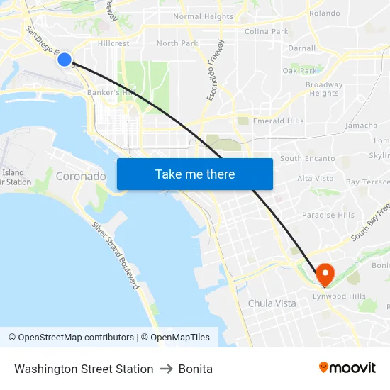 Washington Street Station to Bonita map