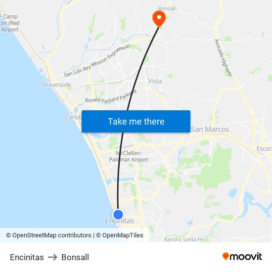 Encinitas to Bonsall map