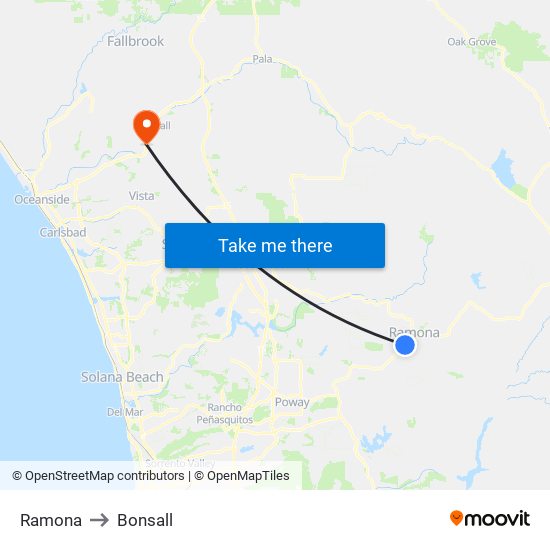 Ramona to Bonsall map