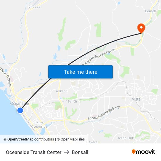 Oceanside Transit Center to Bonsall map