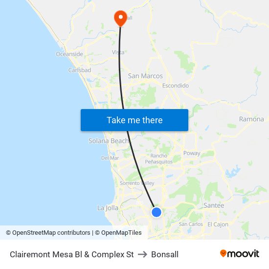 Clairemont Mesa Bl & Complex St to Bonsall map