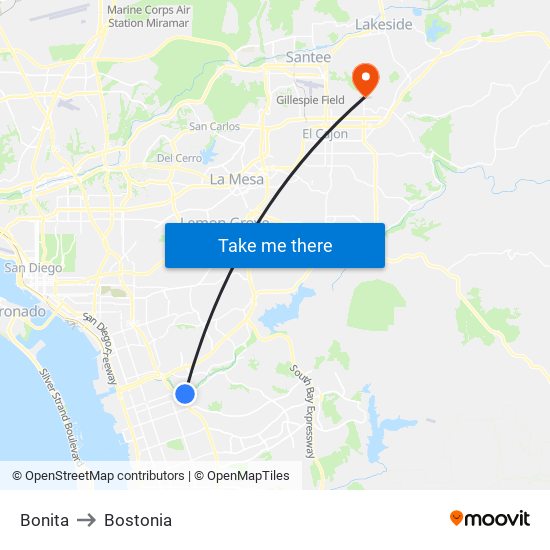 Bonita to Bostonia map