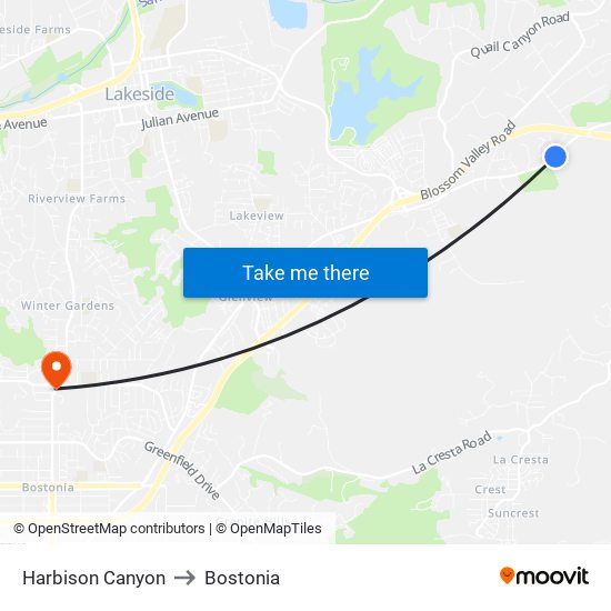 Harbison Canyon to Bostonia map