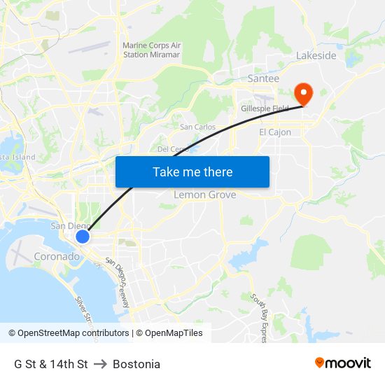 G St & 14th St to Bostonia map