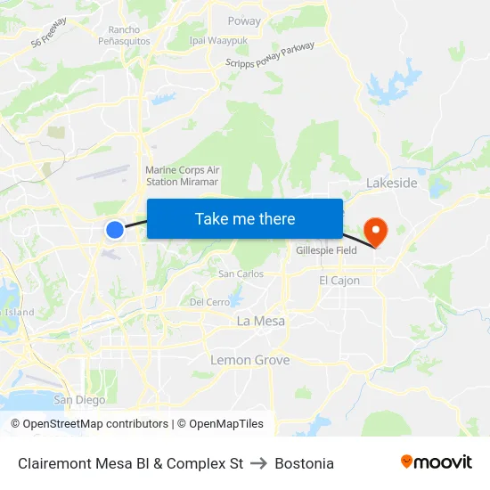 Clairemont Mesa Bl & Complex St to Bostonia map
