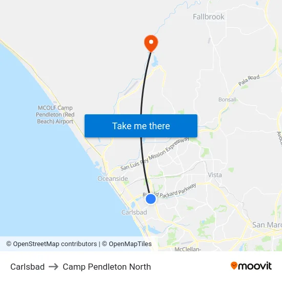 Carlsbad to Camp Pendleton North map