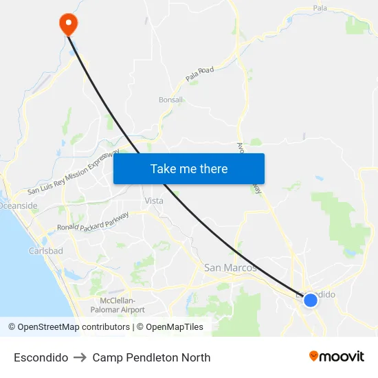 Escondido to Camp Pendleton North map
