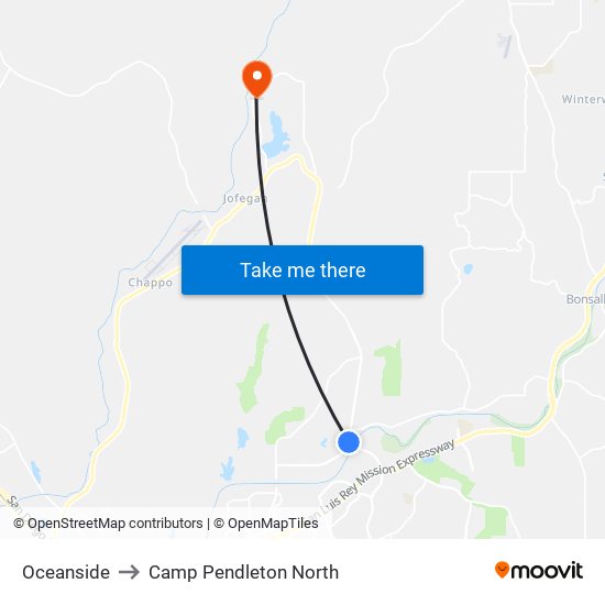 Oceanside to Camp Pendleton North map