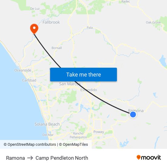 Ramona to Camp Pendleton North map