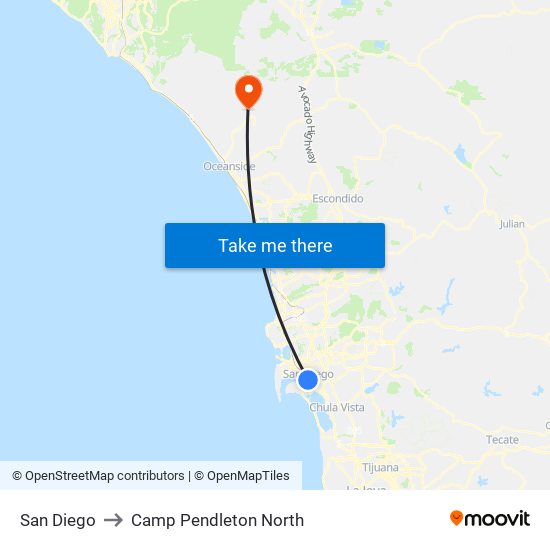 San Diego to Camp Pendleton North map