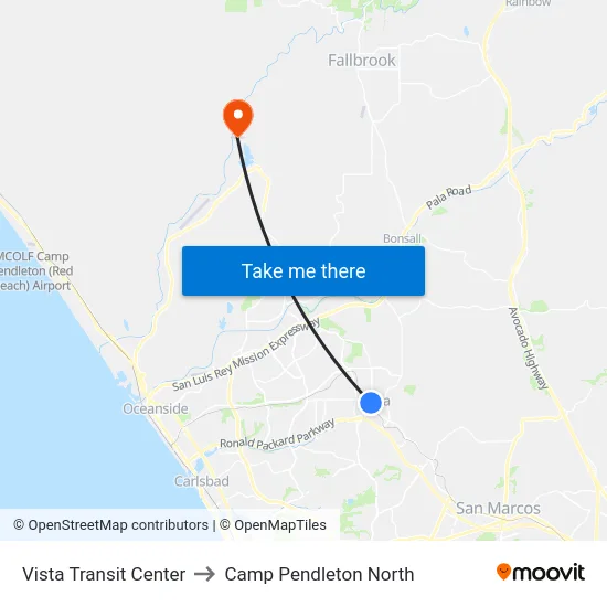 Vista Transit Center to Camp Pendleton North map