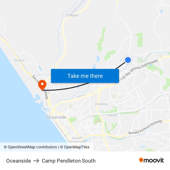 Oceanside to Camp Pendleton South map