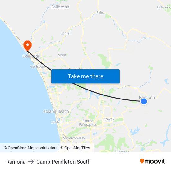 Ramona to Camp Pendleton South map