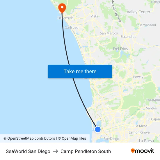 SeaWorld San Diego to Camp Pendleton South map