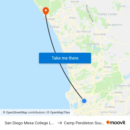San Diego Mesa College LRC to Camp Pendleton South map