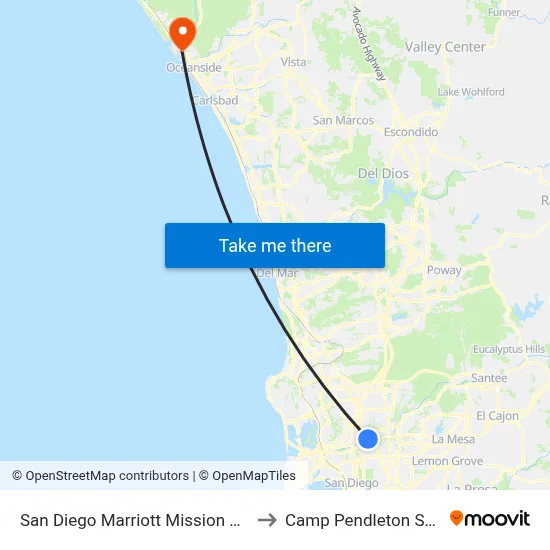 San Diego Marriott Mission Valley to Camp Pendleton South map