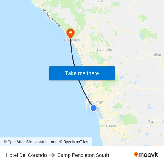 Hotel Del Corando to Camp Pendleton South map