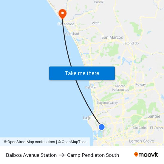 Balboa Avenue Station to Camp Pendleton South map