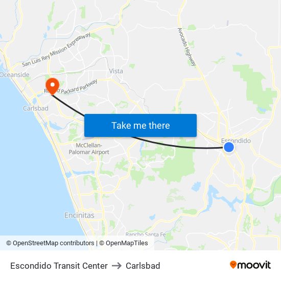 Escondido Transit Center to Carlsbad map
